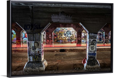 Light trails illuminate the graffiti in the Krog Street Tunnel in Atlanta, Georgia