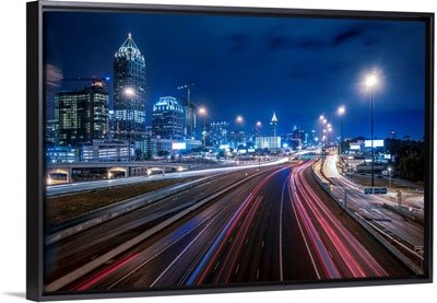 Light trails leading into Atlanta, Georgia, at night