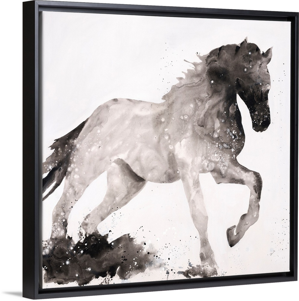 Silhouette of a horse with its front leg up in shades of black and gray on a white, square background.