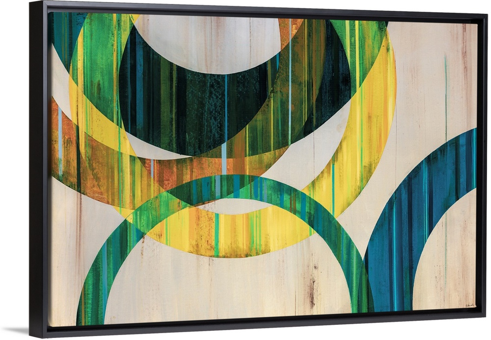 Modern abstract art of circular rings painting in shades of blue, green, yellow, and orange over a netural background.