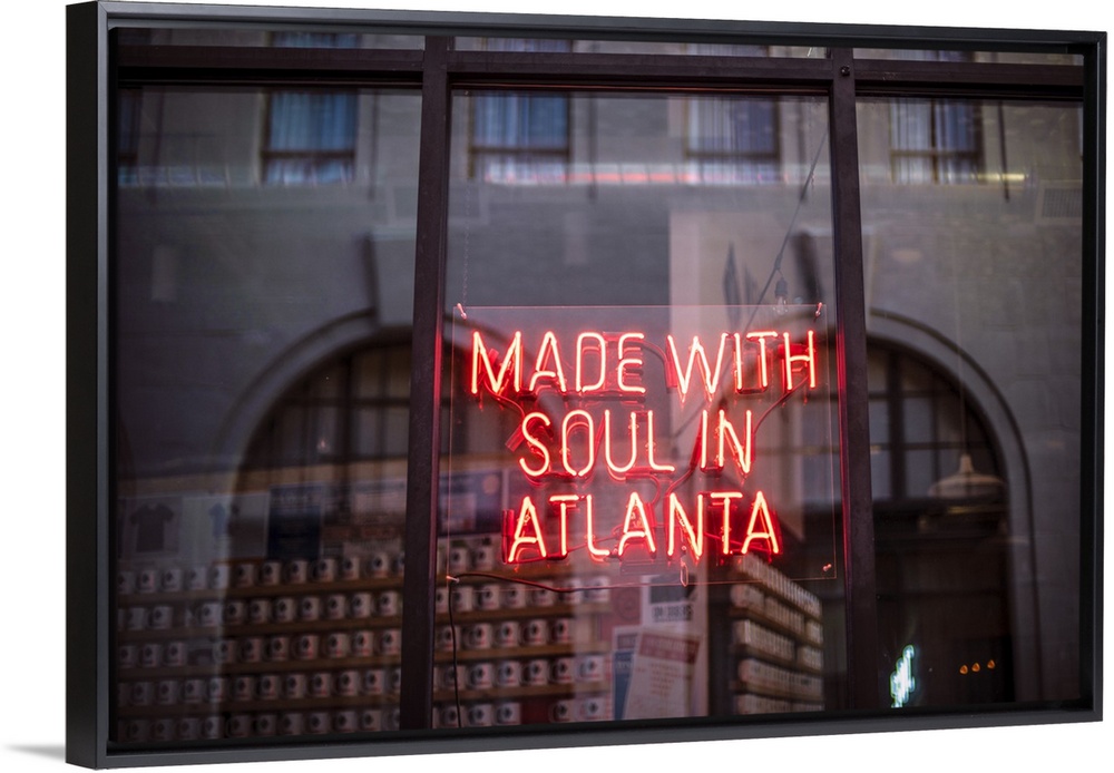 Made With Soul In Atlanta, a yellow neon sign in the window of Switchyards Downtown Club in Atlanta, Georgia.
