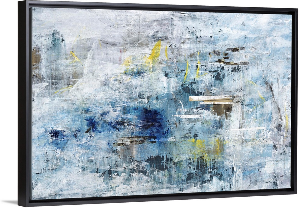 A textured abstract painting in shades of blue and gray with elements of yellow throughout.