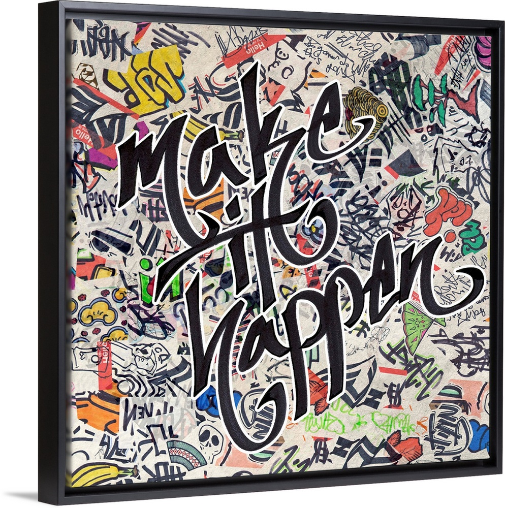 Graffiti-style lettering over a grunge background of pop stickers and symbols.