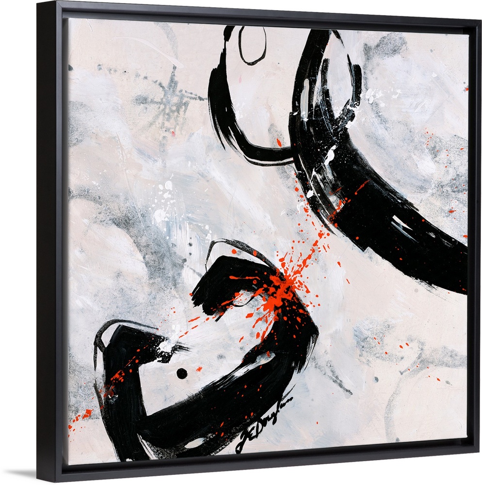 A fierce abstract contemporary painting with bold, dark strokes moving purposefully over the neutral background.