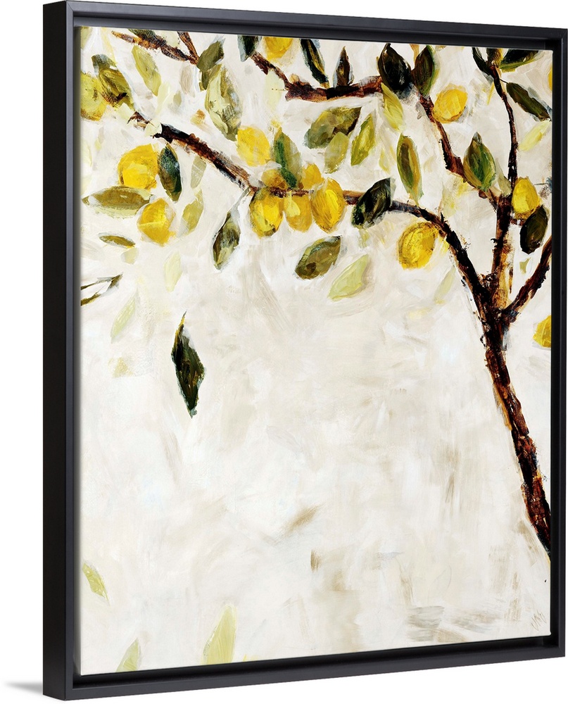 Contemporary painting of a Meyer lemon tree over a neutral background.