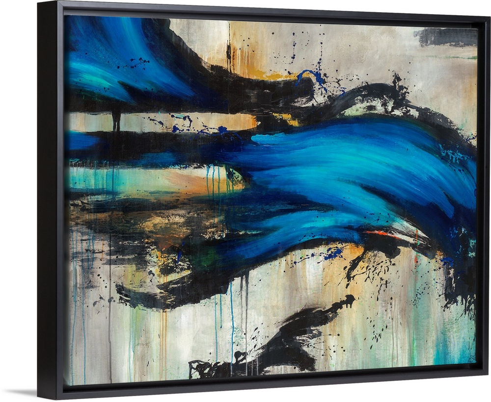 Contemporary artwork of a bright blue wave-like form overtop a neutral background with black splatters.