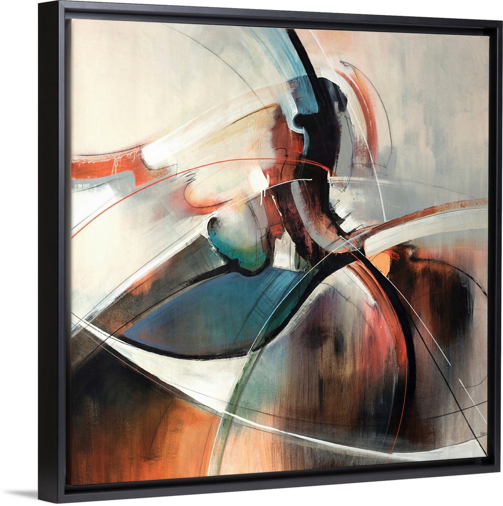 This contemporary painting is an abstract blend and swirl of shapes on square shaped wall art.