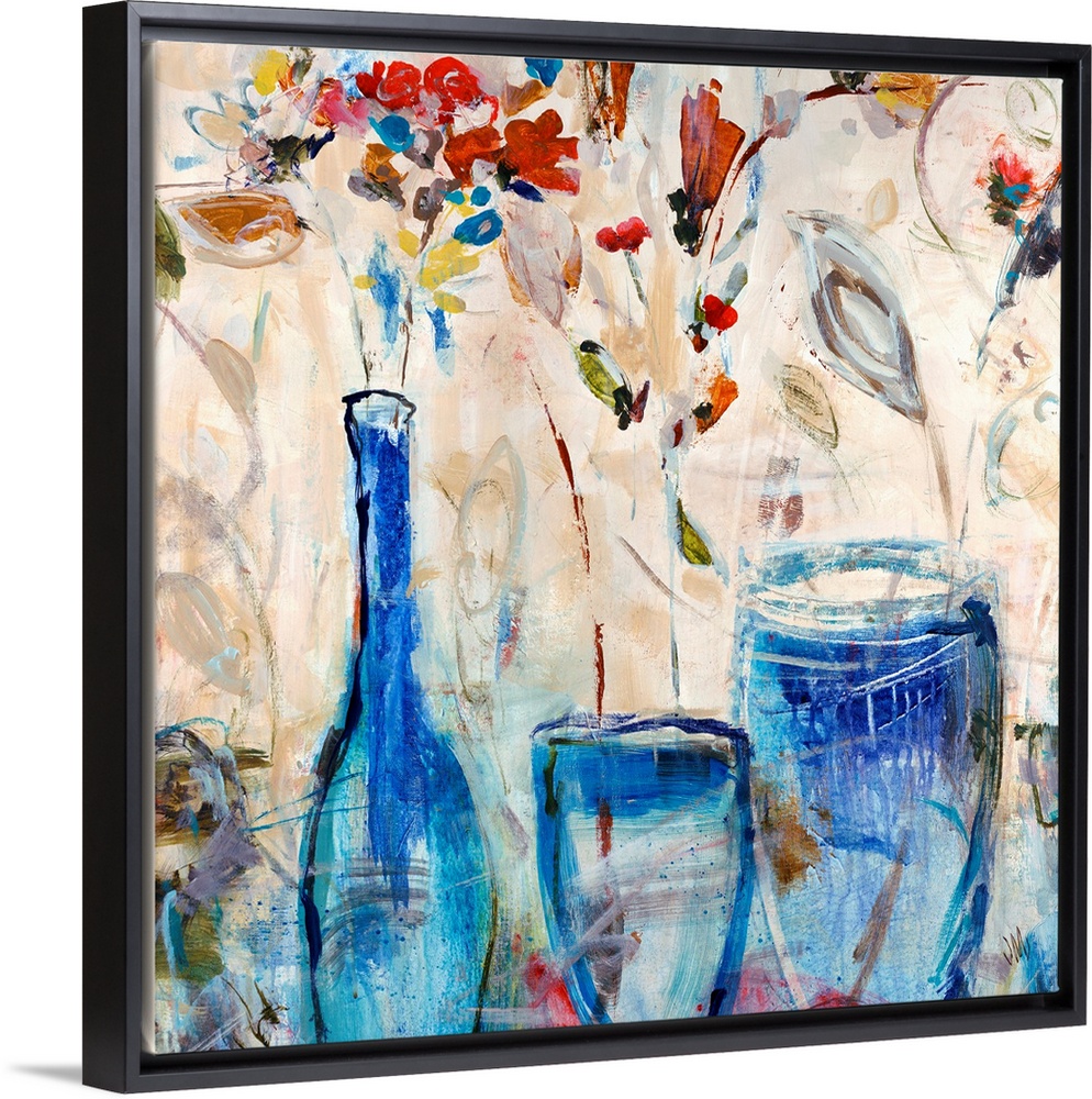 Contemporary painting of three glass vases holding a few flowers, done in a quick gesture style.