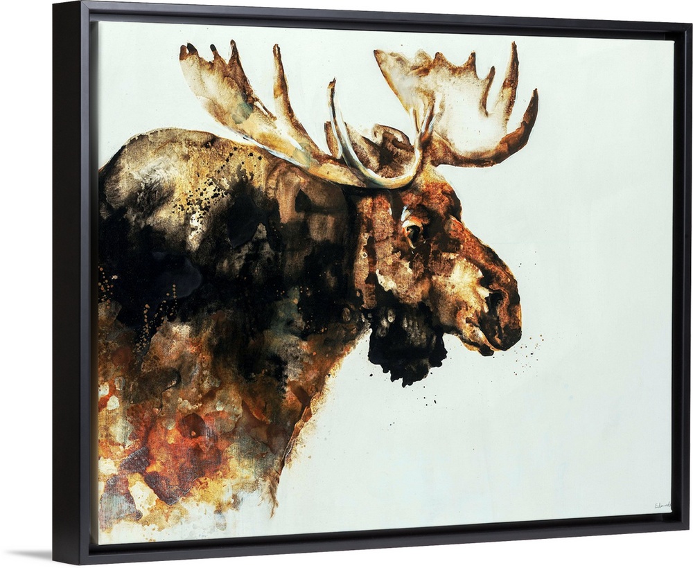 Contemporary watercolor portrait of a moose in varying shades of brown.