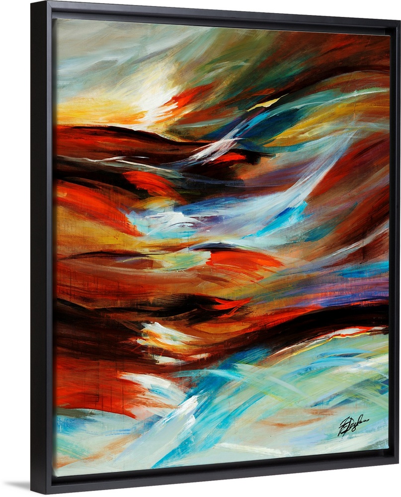 Contemporary abstract painting of wind blowing, illustration by colorful, curved lines.