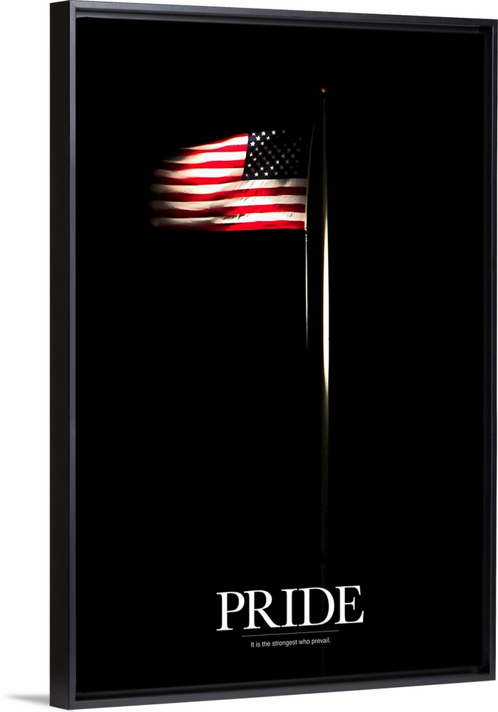 A big vertical canvas of an American flag on a pole waving in the wind highlighted against a dark background. The text "Pr...