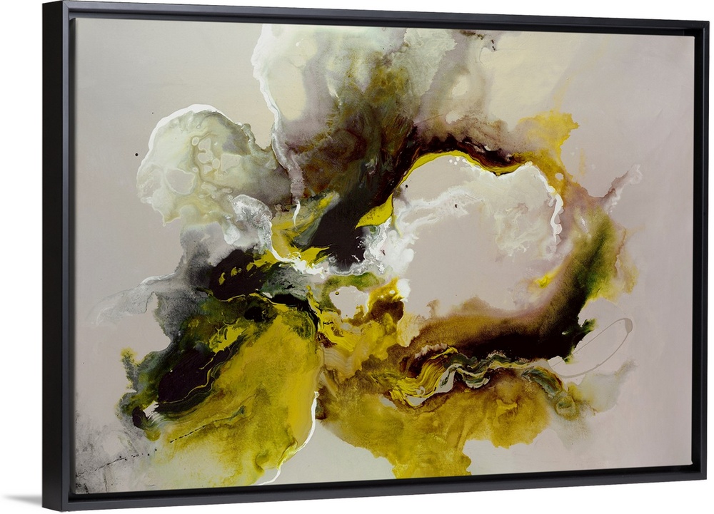 Horizontal abstract wall art of bleeding wet paint forming amorphous wet shapes.