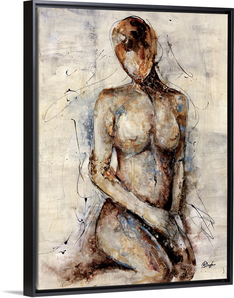 Contemporary abstract figurative painting of a woman's figure sitting on her knees. The image is void of any fine details ...