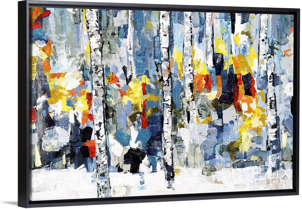 Horizontal abstract painting of a wooded forest with colorful fall leaves.