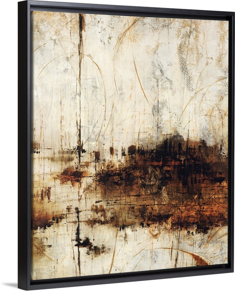 This piece of abstract artwork has a neutral background that appears to have been scratched and distressed. A dark cloud s...