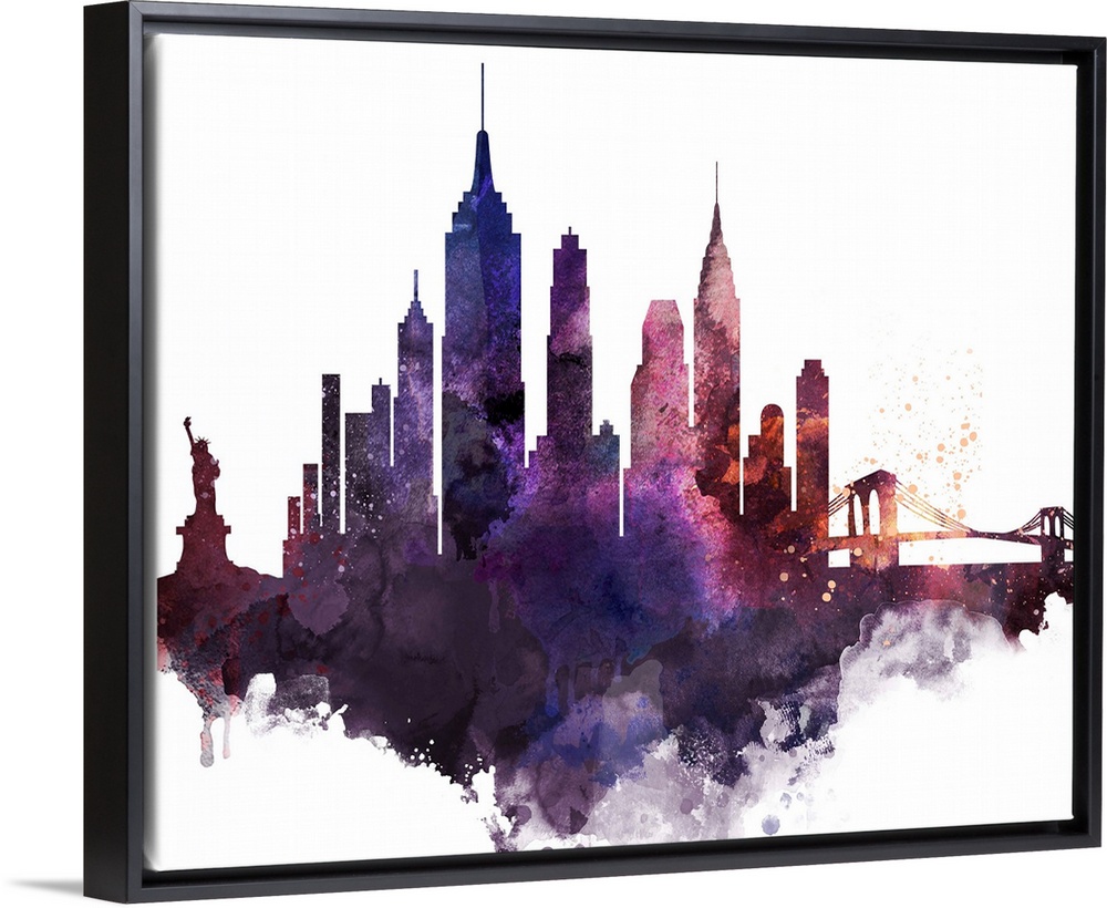 The New York City skyline in colorful watercolor splashes.