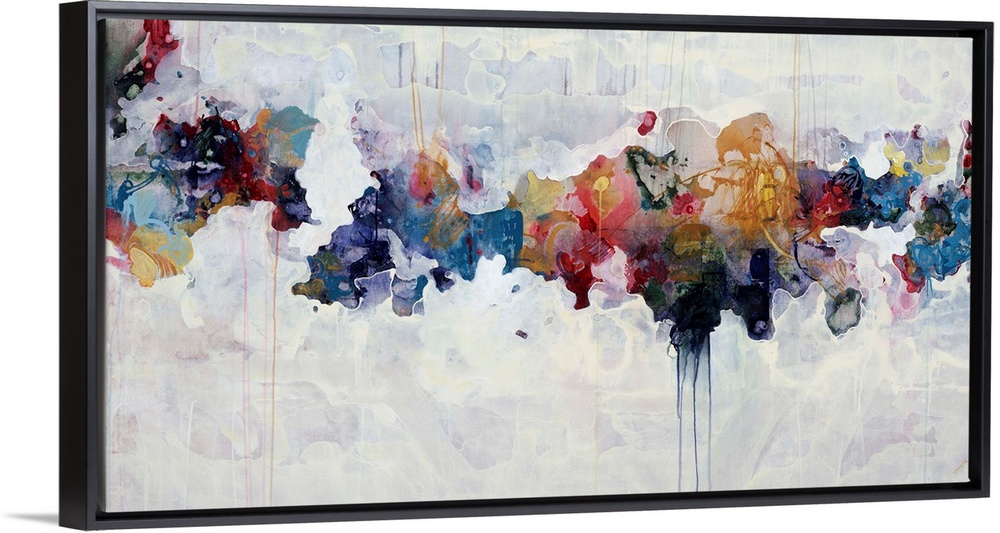 Abstract painting of a spectrum of dull colors arranged across the image with drips falling from some of the colors.