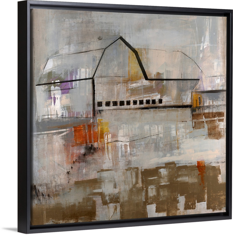 A contemporary and simplistic drawing of an outline of a barn with a mostly off white background and patches of brown at t...