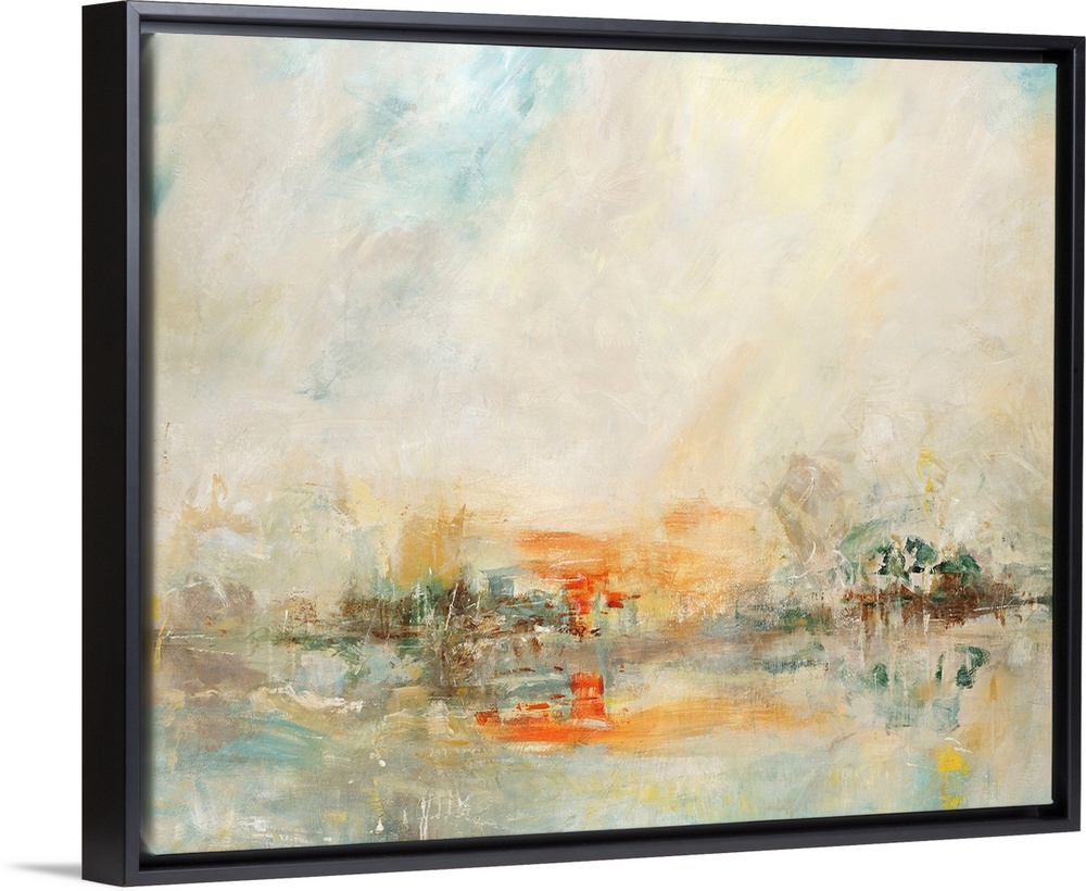 Abstract art painted in muted tones of gray and blue, with hints of brown and bright orange.