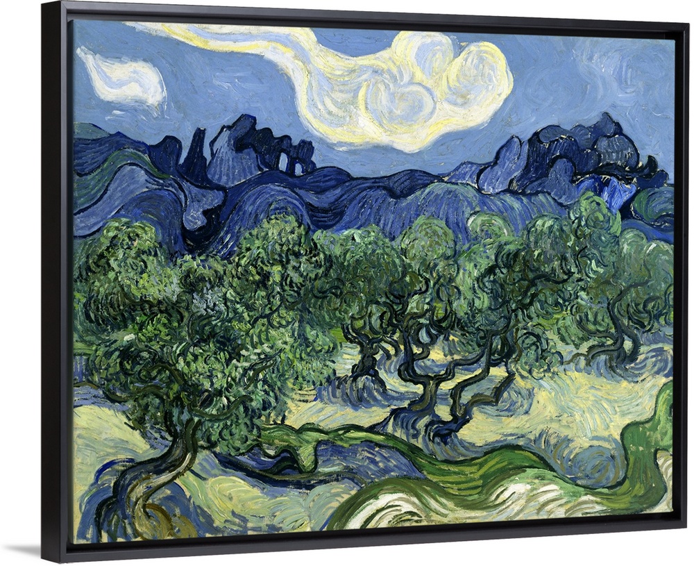 Vincent van Gogh's Olive Trees with the Alpilles in the Background (1889) famous landscape painting.