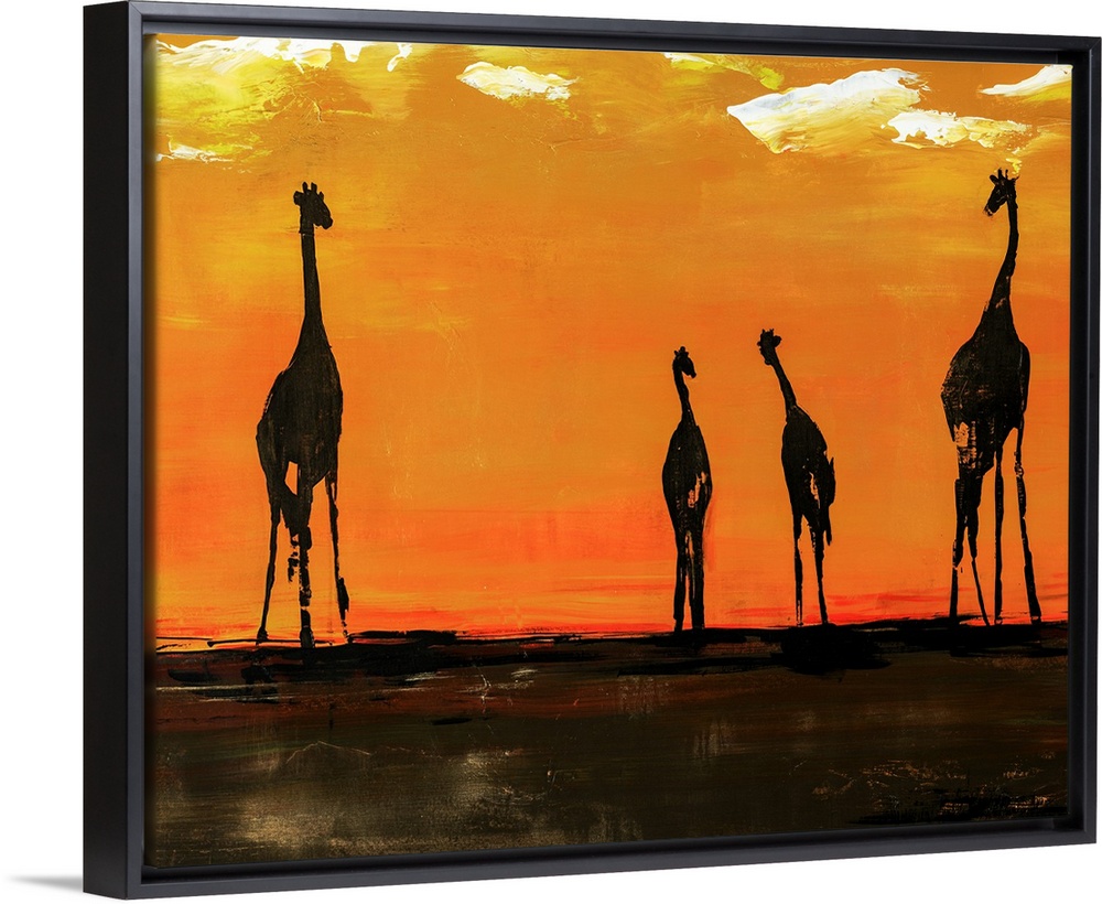 Portrait of giraffes on the African plain in front of a vibrant, orange background.