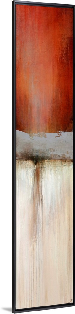 Abstract painting with a composition of maroon red, cool gray, and tan divided in three sections.