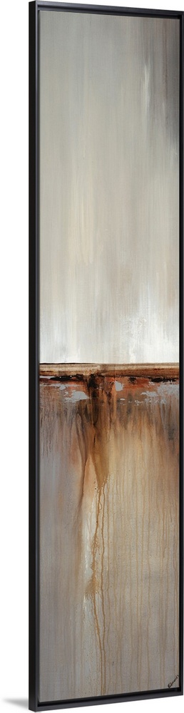 Abstract painting with a composition of cool grays and tan divided in three sections.