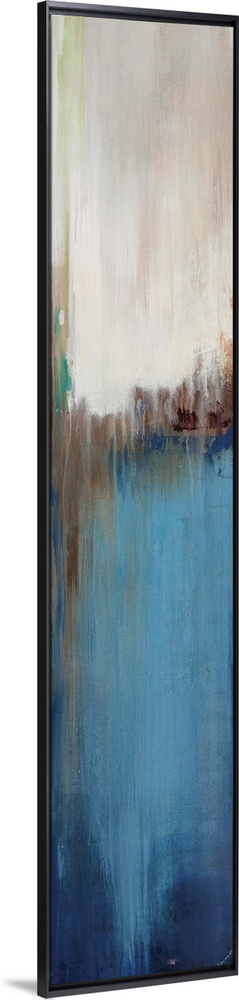 Abstract painting with a composition of varying shades of blue, cool gray, and tan divided in three sections.