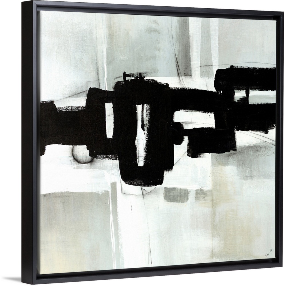 Contemporary abstract painting of interlocking black shapes over a gray background.