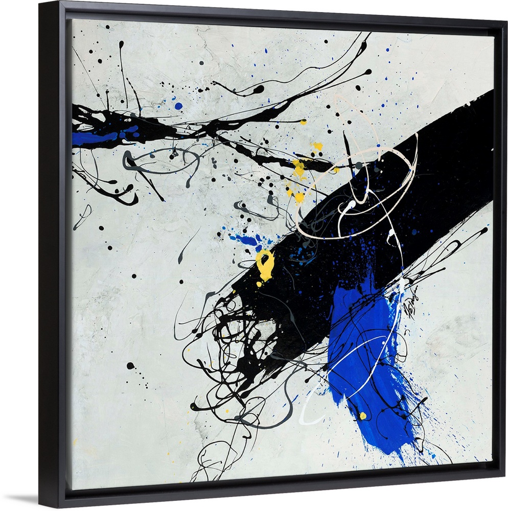 Contemporary abstract painting of a large black brushstroke accented with electric blue and cool yellow accents.