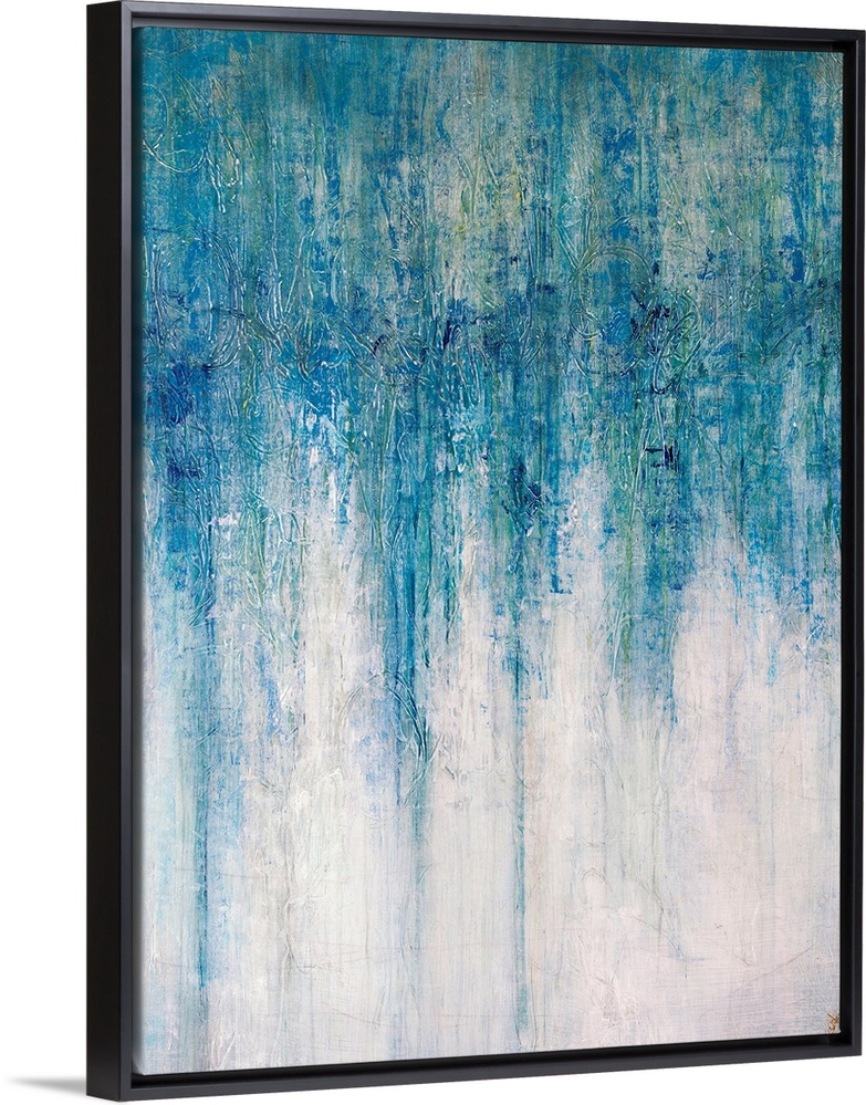 Abstract artwork that has shades of blue color at the top that drip down toward the bottom which is almost white.