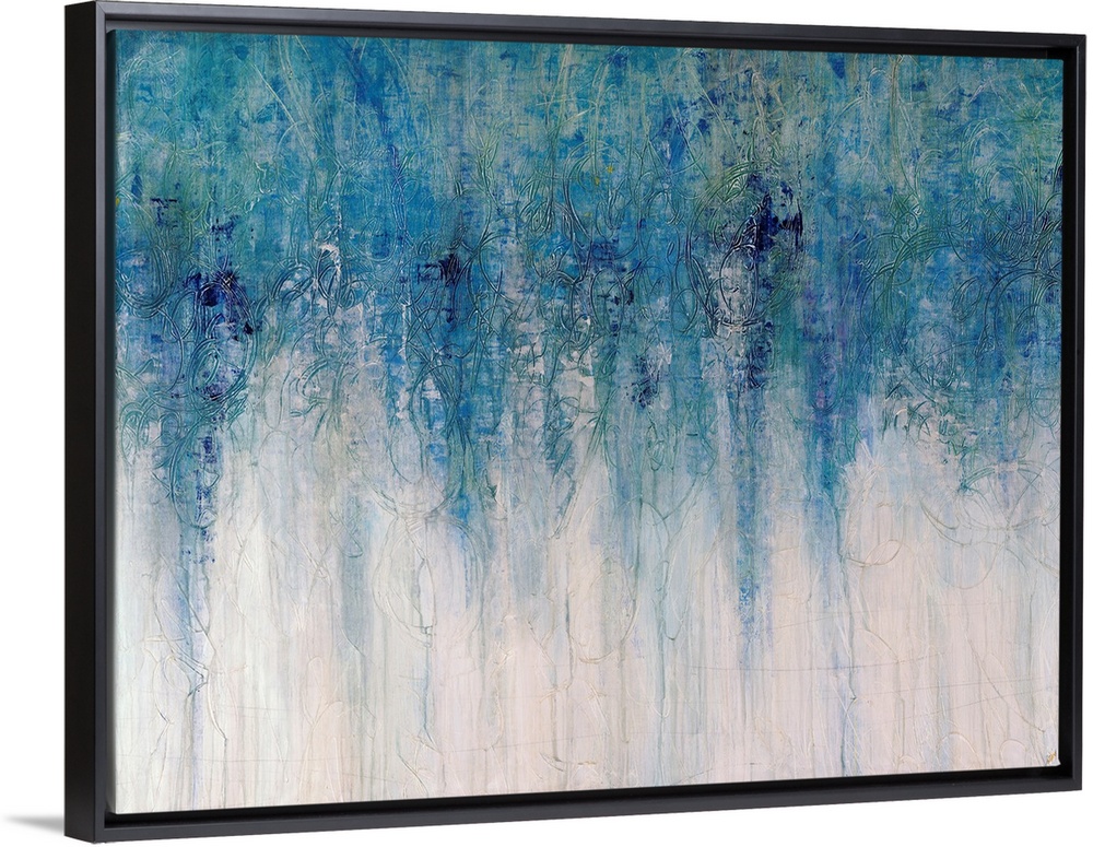 Abstract artwork with different shades of blue toward the top of the print fading down to an almost white area at the bott...