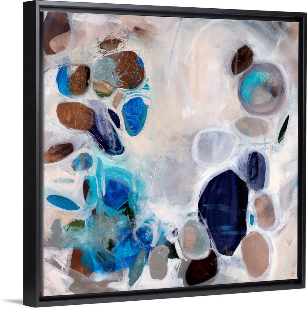 Contemporary abstract painting of stone-like shapes in blues and browns over a neutral background.