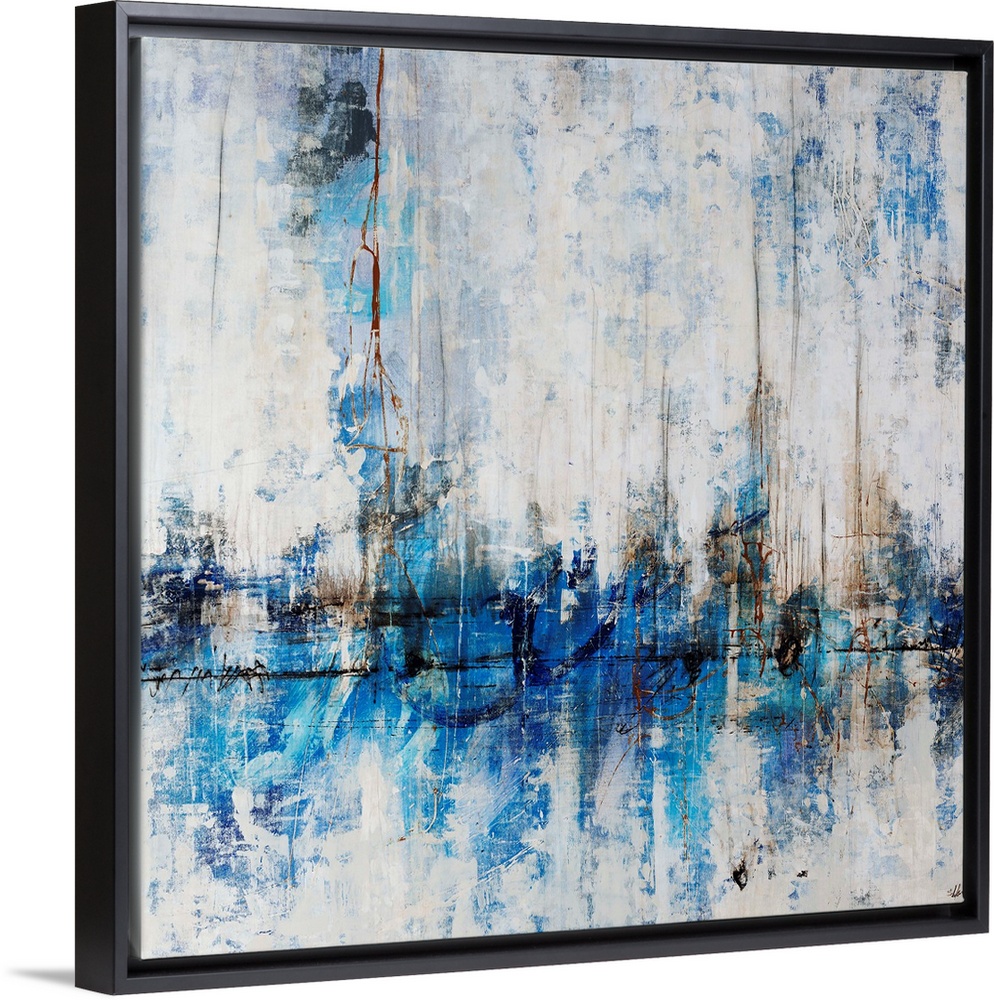 Abstract painting of a city skyline in cool tones, reflecting in the water in the foreground. Painted with overlapping col...
