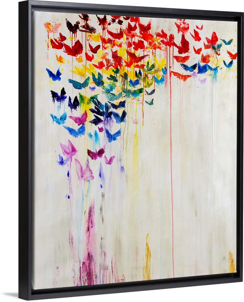 A rainbow of dripping painted butterflies against a white background.