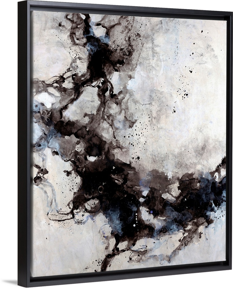 Abstract painting of blended ink splats and splatter with a soft pastel background.