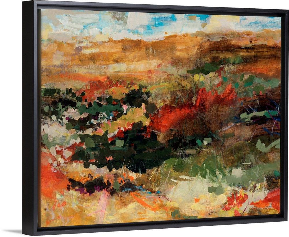 Contemporary abstract painting that portrays flowers in a field with mountains in the distance under a cloudy sky. Short b...