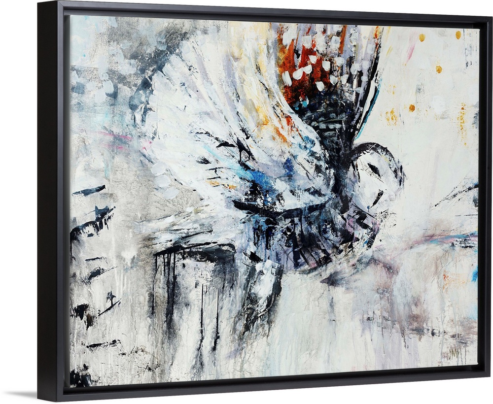 Contemporary abstract painting of an owl in flight.