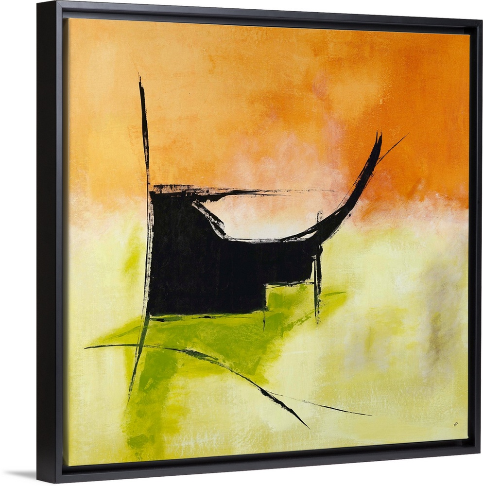 Square abstract painting in bright orange and green hues with a black design.