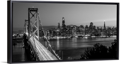 Panoramic Black and White photograph of Bay Bridge, San Francisco