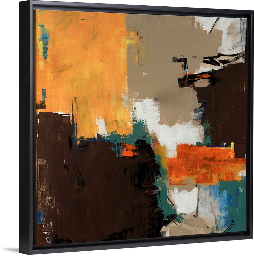Abstractly painted image on canvas with different patches of color layered on top of each other.