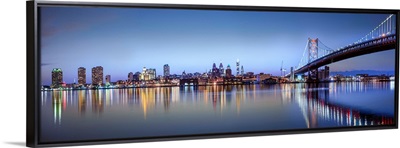 Philadelphia City Skyline at Night, Benjamin Franklin Bridge in Foreground