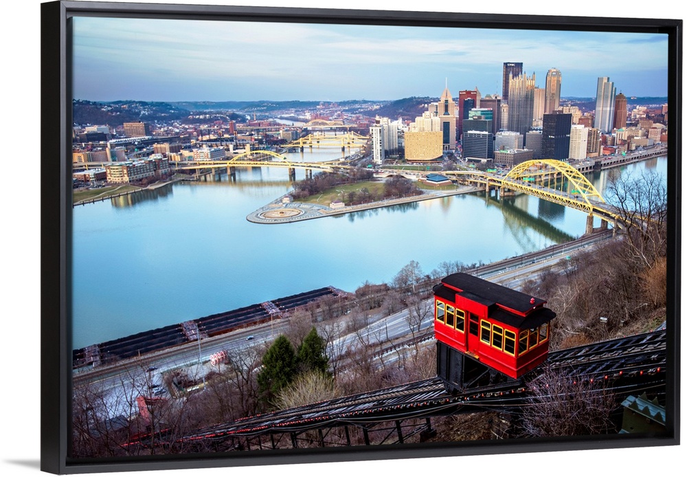 View of the downtown Pittsburgh, where the Ohio River, Monongahela River and Allegheny River meet. The forks of the Ohio.