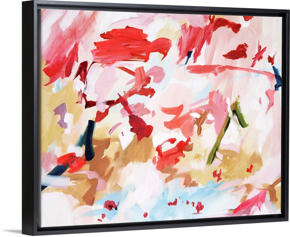 Colorful contemporary abstract painting consisting of short brush strokes in blush pinks, scarlet reds, and citron yellows.