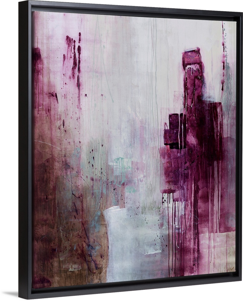 Contemporary abstract painting of plum tones smeared in a downward motion against a faded background.