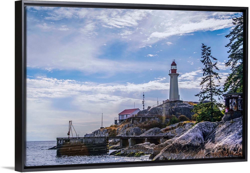 View of Point Atkinson Lighthouse and blue skies in Vancouver, British Columbia, Canada.