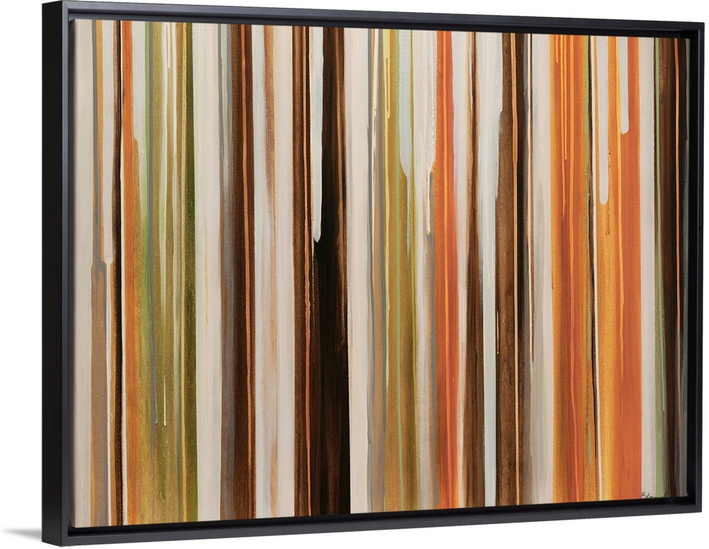 Large abstract art includes an abundance of thin vertical lines in a variety of different earth tones that have been align...