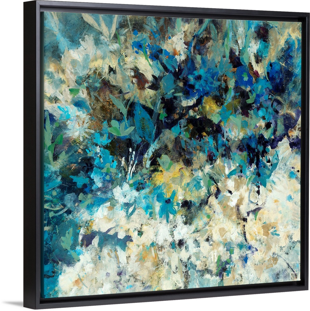 Square, oversized abstract painting of many small flowers in light, cool tones. Painted with short, rough brushstrokes.