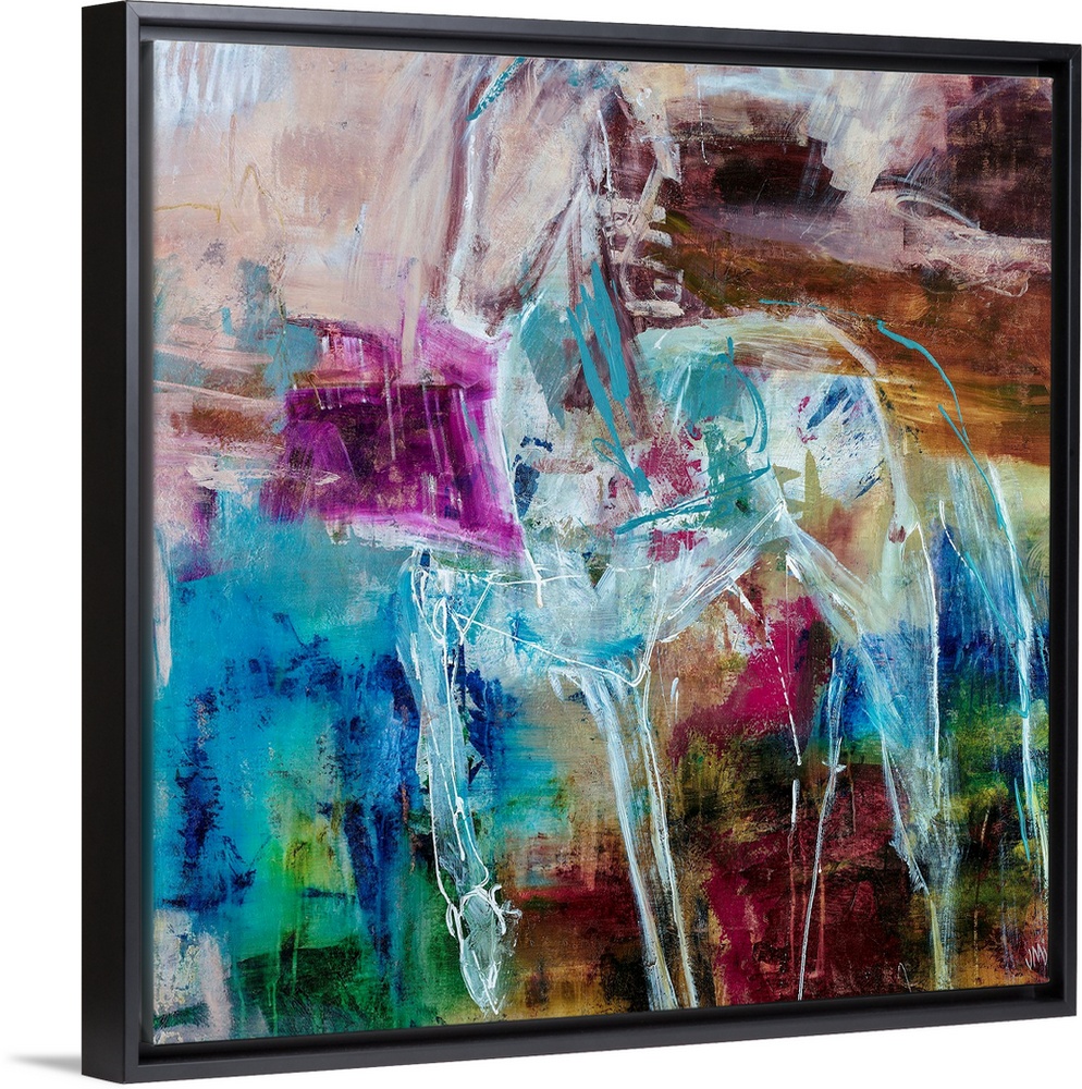 Abstract painting of a pony outlined in white, complemented by splotches of vibrant purple and bright blue.