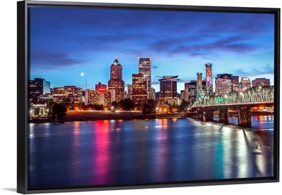 Portland, OR Skyline at Sunset with Crescent Moon